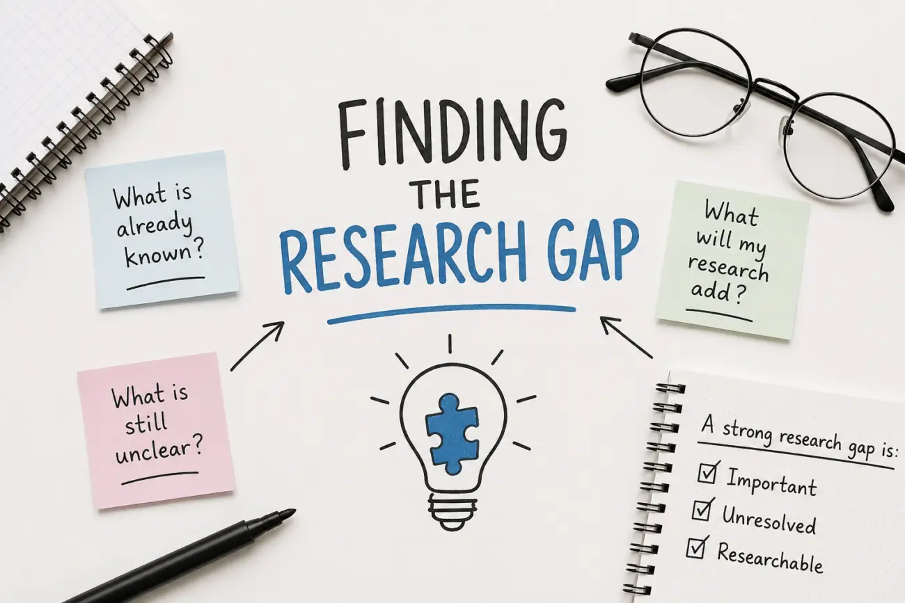 Illustration showing sticky notes with the questions researchers ask when identifying a research gap: what is already known, what is still unclear, and what the new research will add