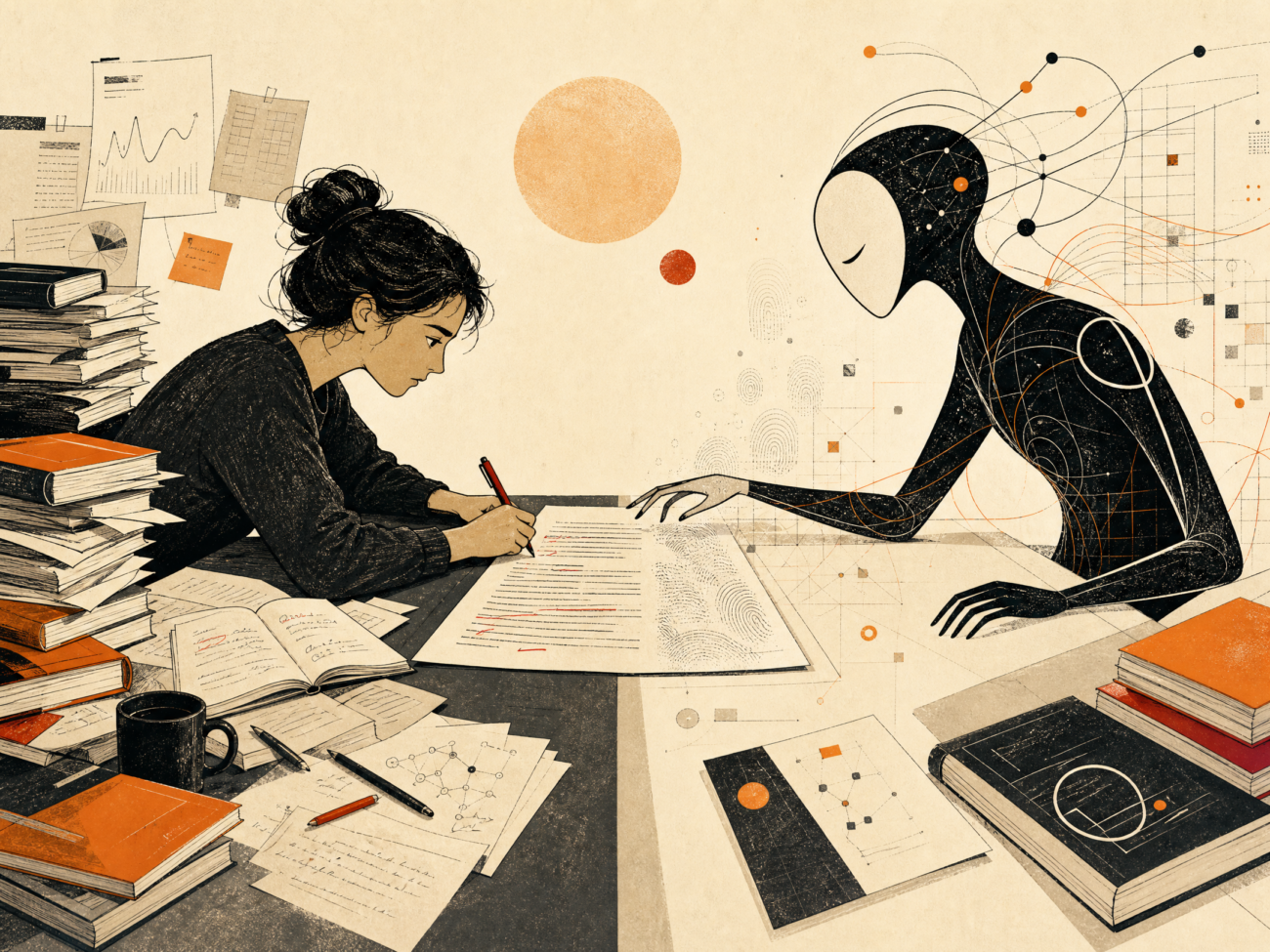 PhD researcher competing with artificial intelligence over an academic manuscript, illustrating AI-assisted writing and invisible AI watermarking.