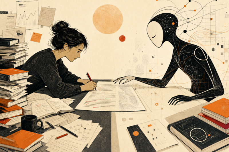 PhD researcher competing with artificial intelligence over an academic manuscript, illustrating AI-assisted writing and invisible AI watermarking.