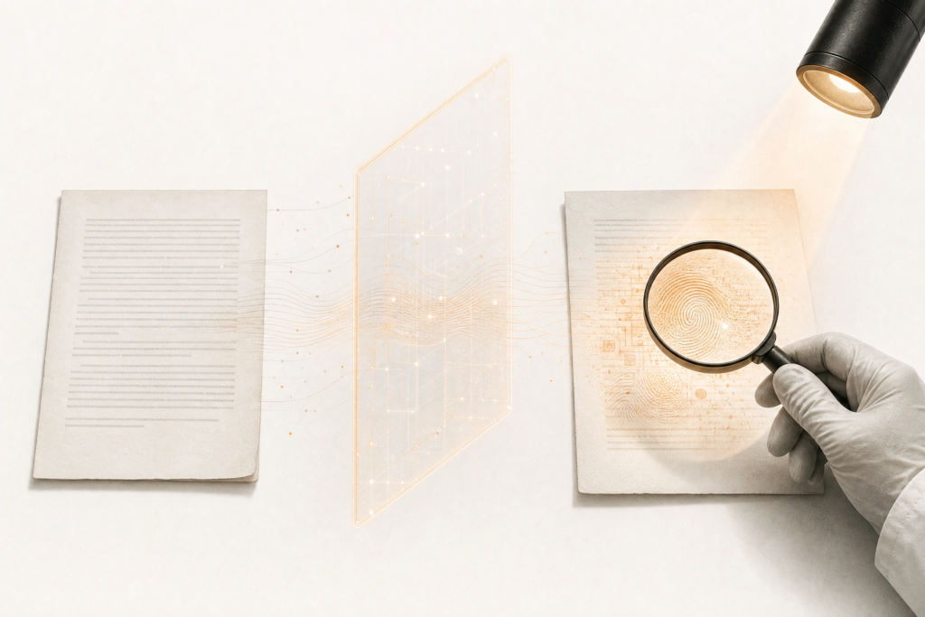 Research manuscript passing through AI-assisted editing and carrying an invisible digital watermark detectable in the final academic text.