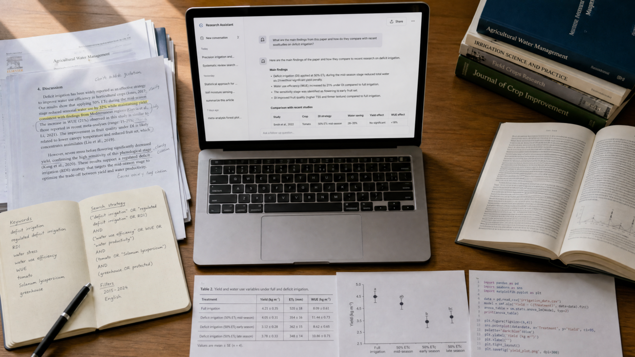 Research workspace showing a thesis manuscript, scientific data analysis, journal articles, and ChatGPT used to support academic research