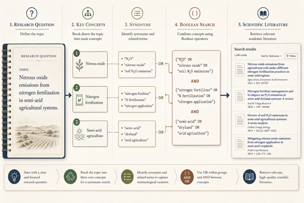 Literature search workflow showing a research question transformed into scientific keywords, Boolean operators, and a Web of Science or Scopus-style database search.”
