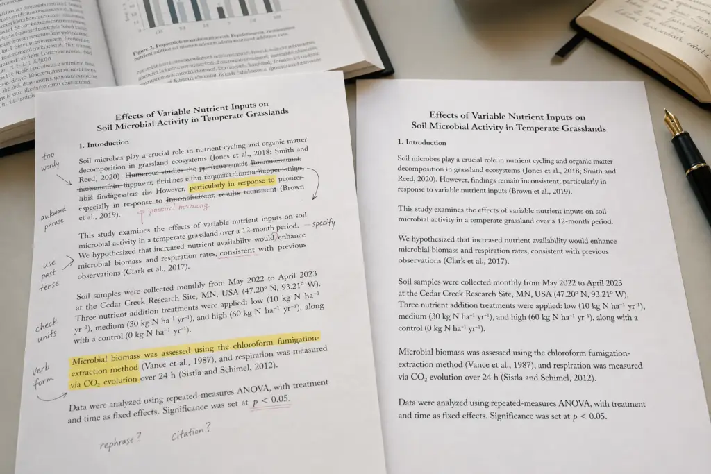 “Rough scientific manuscript with editing notes beside a polished academic version preserving the original research information and citations
